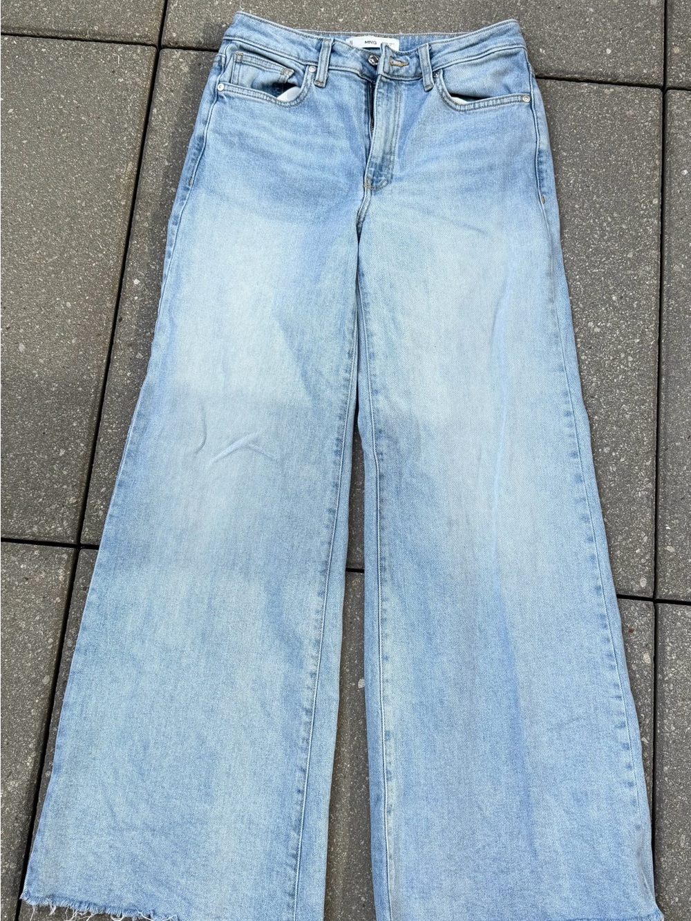 MNG Mango Size 4 Light Wash Wide Leg Jeans Raw Frayed Hem